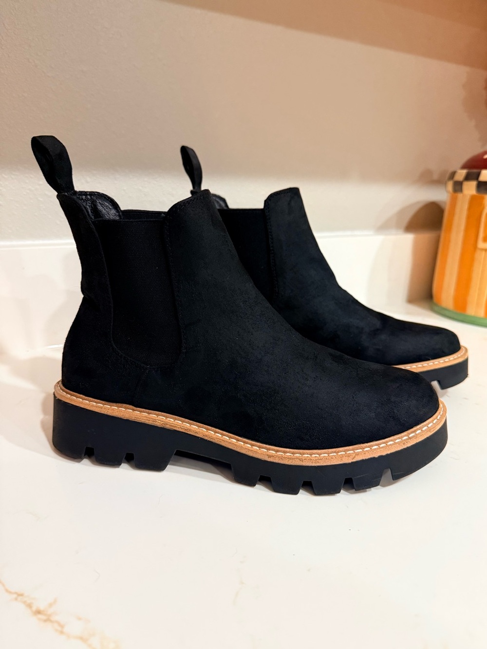 Chinese Laundry Black Chelsea Lug Booties with Tan Trim